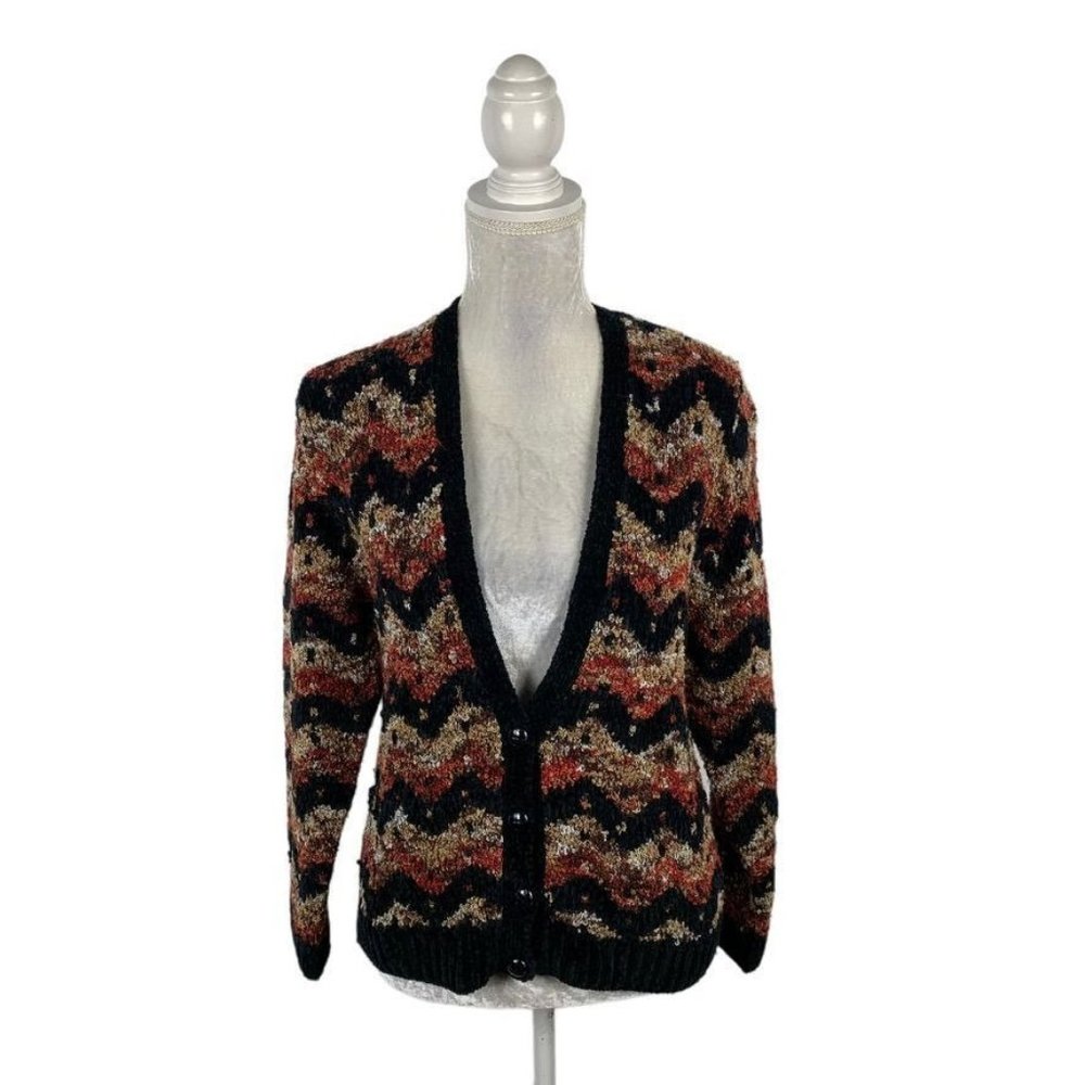 Lise J Vintage Cardigan Sweater Chenille Boucle Chevron Pattern Texture Button S